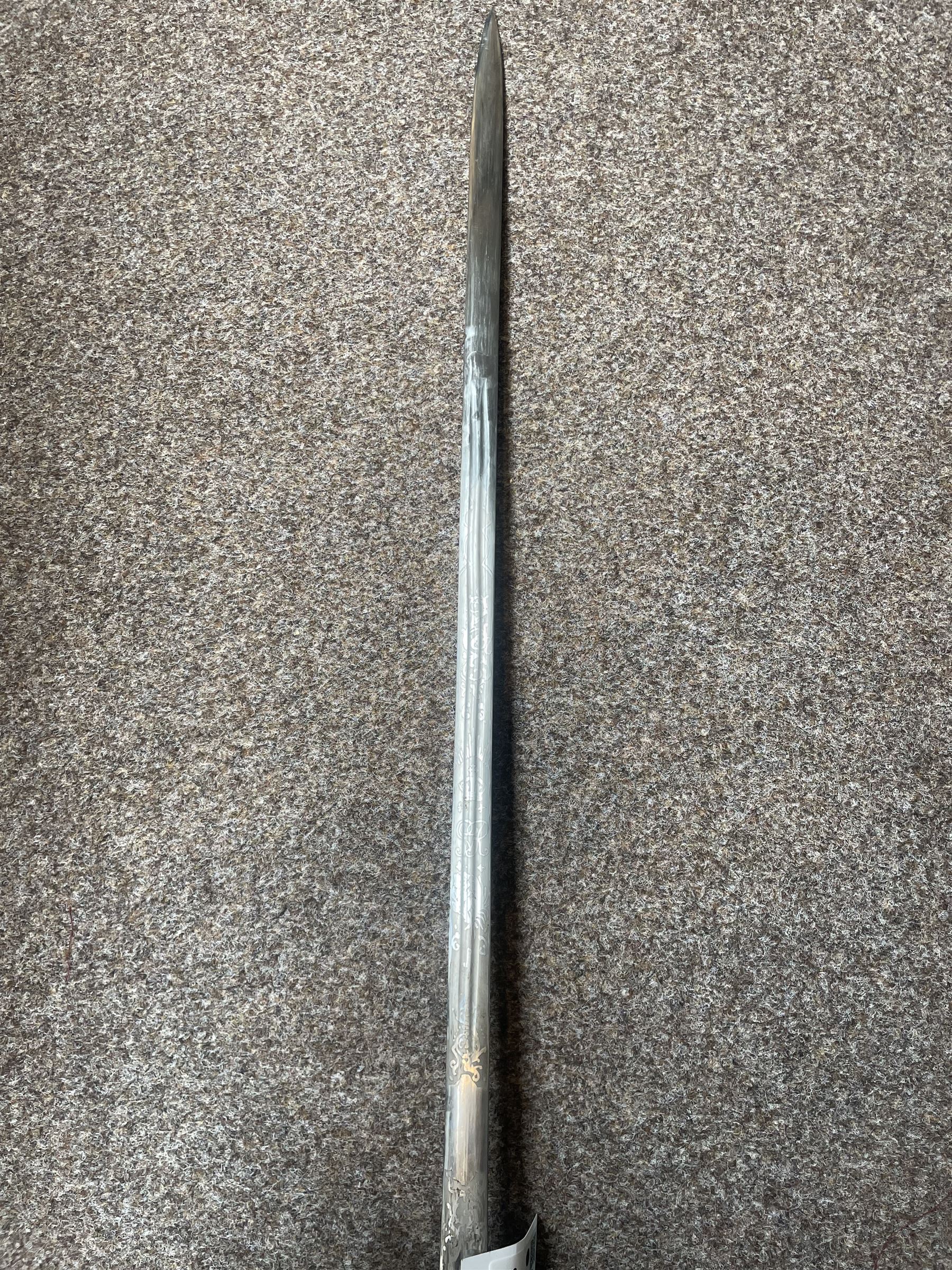 George V basket hilted broad sword with engraved blade, wire wound fish skin grip and field service scabbard, blade length 83cm