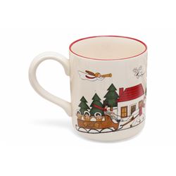 Masons Christmas Village tea wares, designed by Marsten-Mandrajji, comprising three-tiered an other cake stand, large bowl and jug, two twin-handled serving dishes, mug and two teacups, plates of various sizes etc