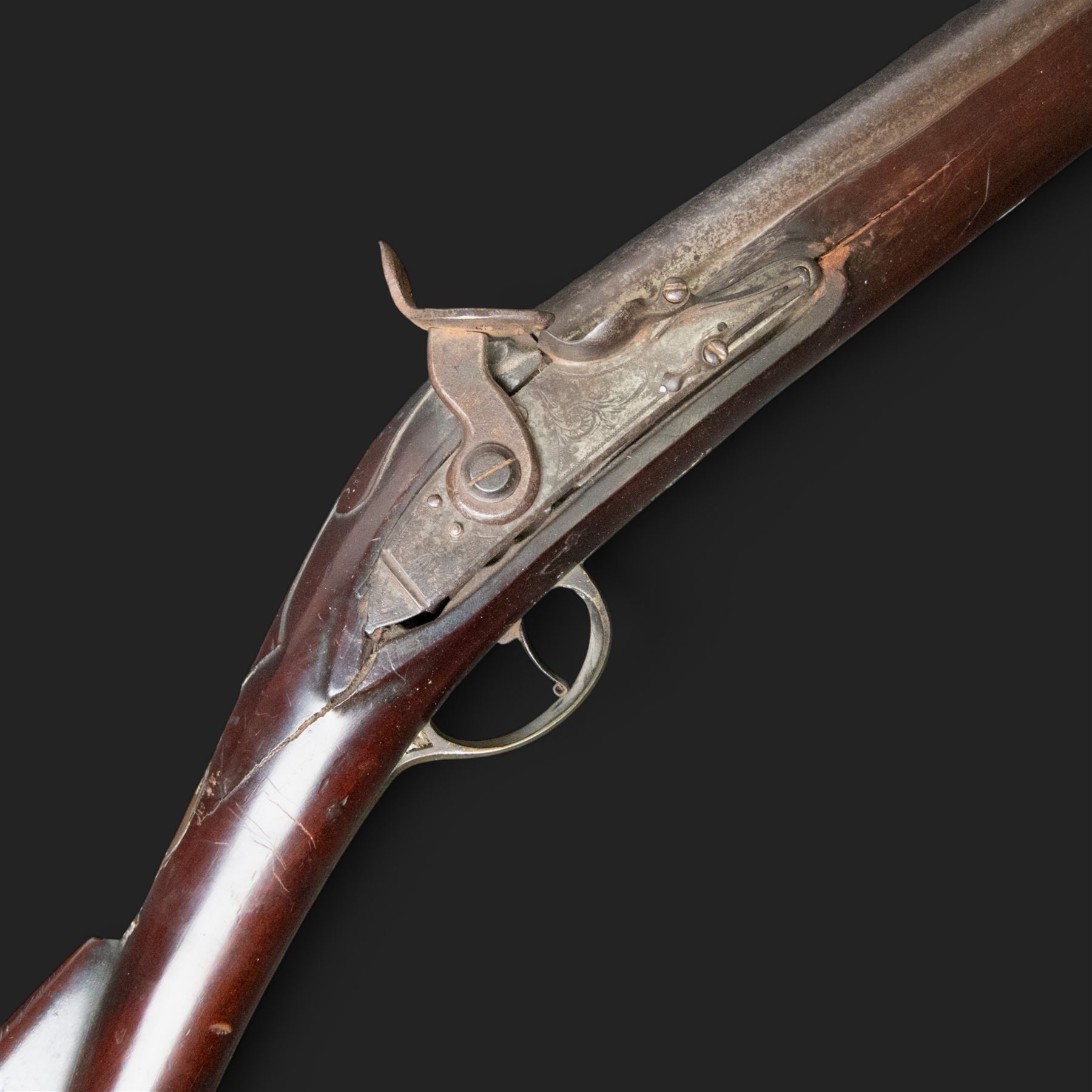 19th century Indian Brown Bess style flintlock musket, the 138cm round steel barrel ram rod beneath, overall L174cm