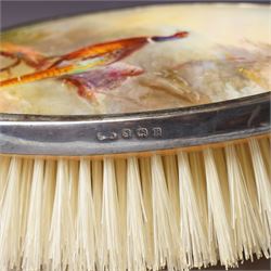 Silver backed brush and hand mirror inset with painted Royal Worcester panels by James Stinton with pheasants in a woodland clearing Birmingham 1929 Maker Sanders and Mackenzie