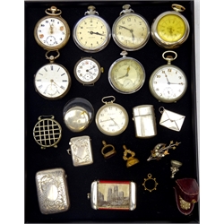  Victorian silver pocket watch, other 19th century & later pocket watches, Edwardian silver vesta by William Hair Haseler 1910, sterling silver envelope stamp case, 19th century seal fob intaglio carved with Cupid, another carved with a Dog, white metal crescent brooch etc   