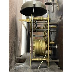 Henry Hindley of York – mid-18th century oak cased 8-day longcase clock,
flat topped caddy pediment with gesso finials, rectangular hood door flanked by wooden turned pilasters with capitals, canted trunk with a full-length break arch topped door on a short plinth with applied skirting and bracket feet, brass dial with a silvered chapter ring, Roman numerals and five-minute Arabic’s, minute and inner quarter hour tracks, matted dial centre with subsidiary seconds dial, blued steel hands and female head pattern spandrels, silvered calendar dial to the break arch with dolphin spandrels, four pillar rack striking movement, striking the hours on a bell. With weights and pendulum. 
H250 W48 D27
Henry Hindley originally from Wigan (Lancs) is recorded as working in York from Petergate 1731-41 then Stonegate 1741-1771. A famous and highly innovative maker, often referred to as the “Tompion of the North.” 
