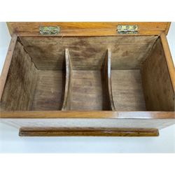 19th Century mahogany and parquetry box of rectangular form, geometric cube design, with a stylised sun detail to the hinged cover, opening to reveal three compartments, L33cm D21cm H16cm
