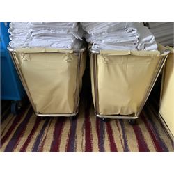 314 white linen King sheets, 138 single duvets covers and other, with three linen trolleys- LOT SUBJECT TO VAT ON THE HAMMER PRICE - To be collected by appointment from The Ambassador Hotel, 36-38 Esplanade, Scarborough YO11 2AY. ALL GOODS MUST BE REMOVED BY WEDNESDAY 15TH JUNE.