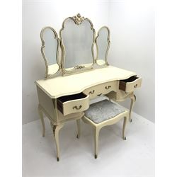 French style cream painted serpentine dressing table, raised three piece mirror back, one long and four short drawers, cabriole legs 