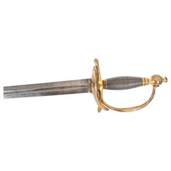 British heavy cavalry officer's sword, 1796 pattern by Thomas Osborn, the 82cm straight double edged blade with central fuller engraved to both sides, with gilded brass boat shaped guard, grip of silver foil over wooden former, within a steel scabbard with twin suspension rings, overall L106cm