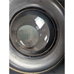 Late 19th century Voigtlander & Sohn large brass Euryscop lens no. 8 serial no. 31590, mounted to long black wooden box, with leather lens cover and seven brass Waterhouse stops, lens case D19cm