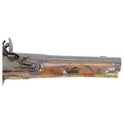 19th century flintlock pistol, the 18cm barrel with ram rod under, chequered walnut stock with brass butt cap, L32cm