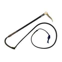 Gentleman's hunting whip, with horn handle and hallmarked silver collar, leather thong and lash, approximate L175cm
