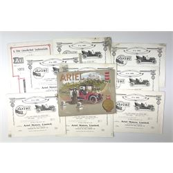 Motoring History - Ariel Silent Motors catalogue 1909 with ten additional identical unbound folded pages and Testimonials brochure of the Ariel Simplex c1907