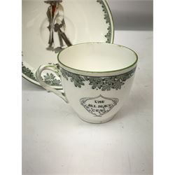 Early 20th century Royal Doulton teacup and saucer, from the series 'The All Black Team', the teacup depicting a cricketer entitled 'Good for fifty', the saucer depicting a cricketer stood in a long coat and wide brimmed hat, entitled 'The Boss', both with printed mark beneath, cup H6.5cm