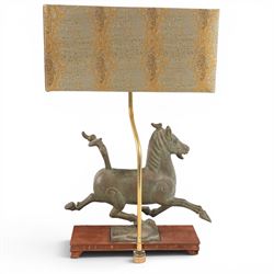 Table lamp, with bronze Tang horse upon the wooden base, H56cm with shade 