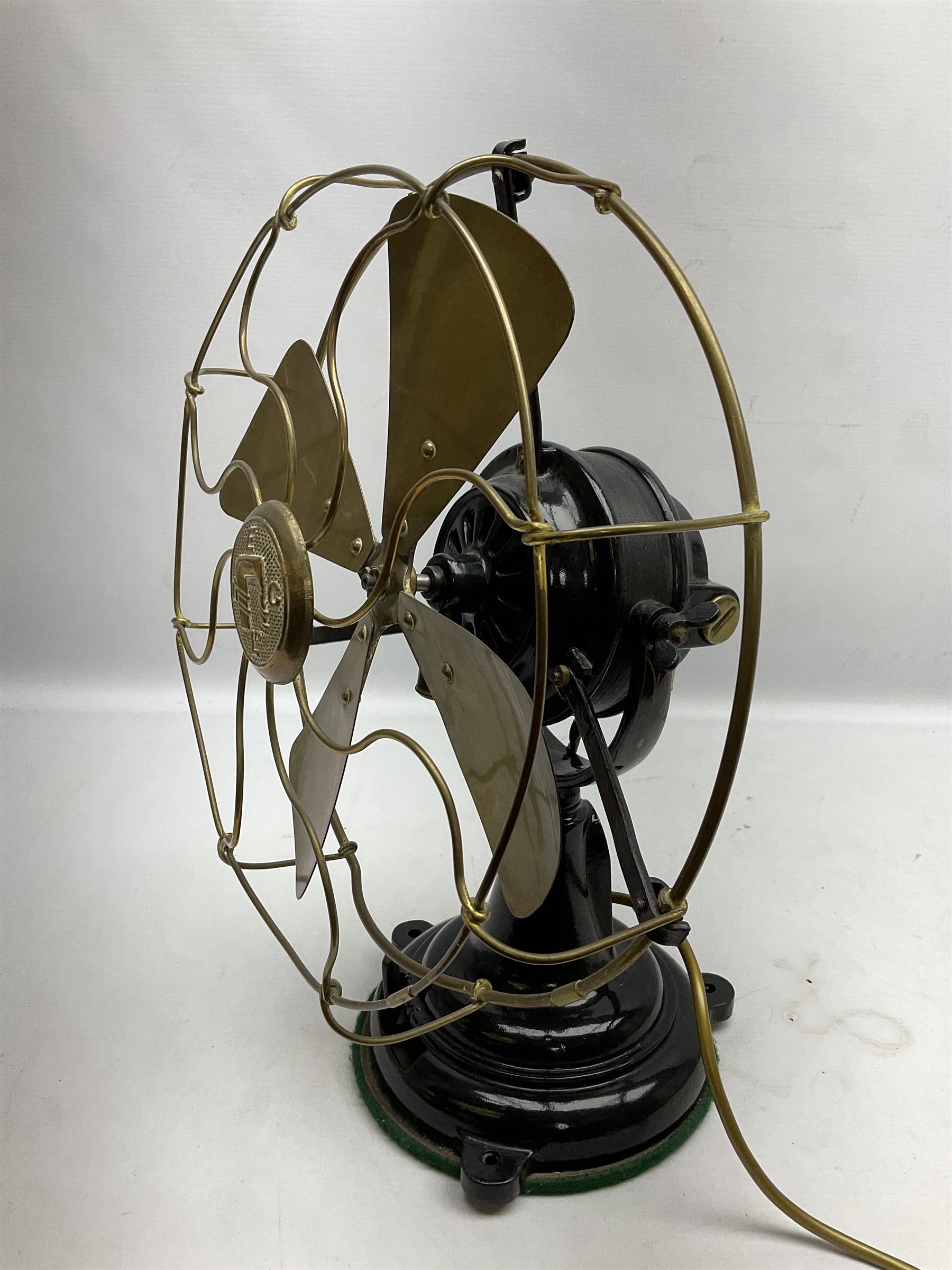 Art Deco cast iron and brass GEC electric table fan, no 214310, H40cm