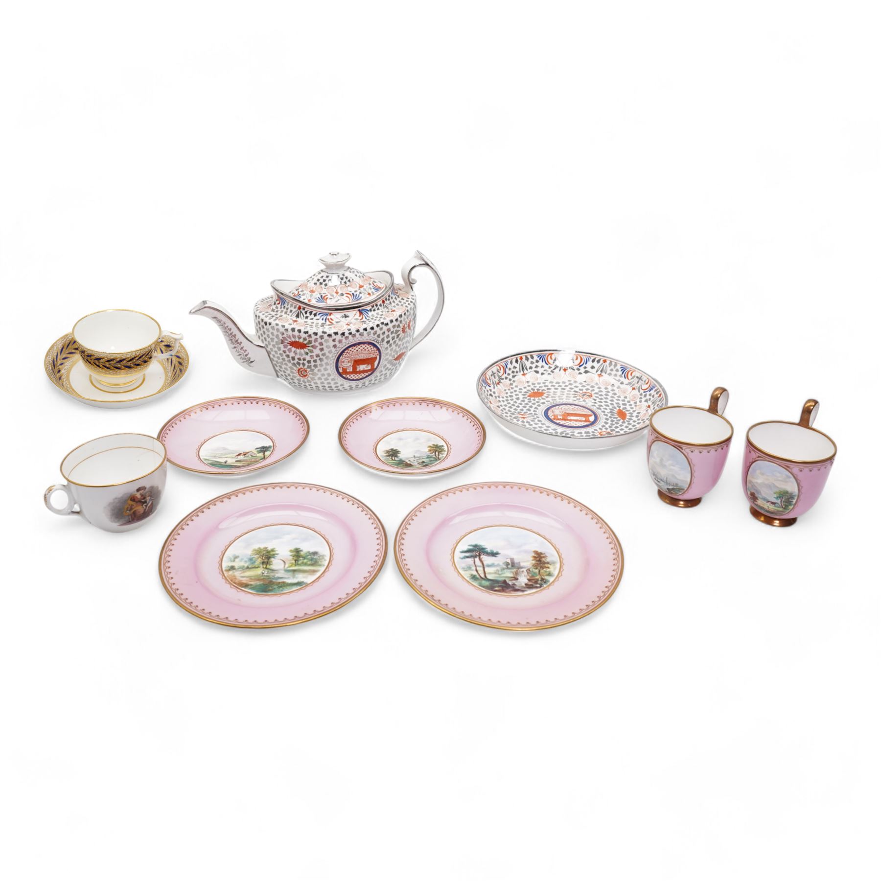 Two porcelain trios by James Bell, Glasgow, each painted with panels of Scottish landscapes, within gilt borders on pink ground, Newhall bute shape teacup, decorated in the Mother and Child pattern, Thomas Wolfe silver lustre teapot and circular dish, together with a Derby cup and saucer 