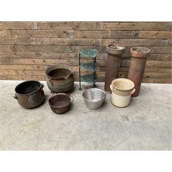 3 cauldron set pots with 2 terracotta chimney pots, 1 terracotta crock, metal bucket and small cast iron shelf 
