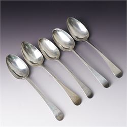 George III silver bright cut table spoon London 1781 Maker Hester Bateman, another London ...