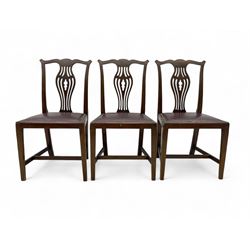 Set of six (4+2) 19th century Chippendale-design mahogany dining chairs, shaped cresting rail over pierced bulbous vase-shaped splat, burgundy leather upholstered seats with brass stud trim, on square tapering supports united by H-stretchers