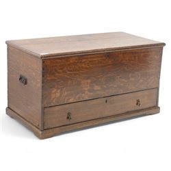 19th century oak blanket chest, rectangular hinged plank top with moulded edge, plain side...