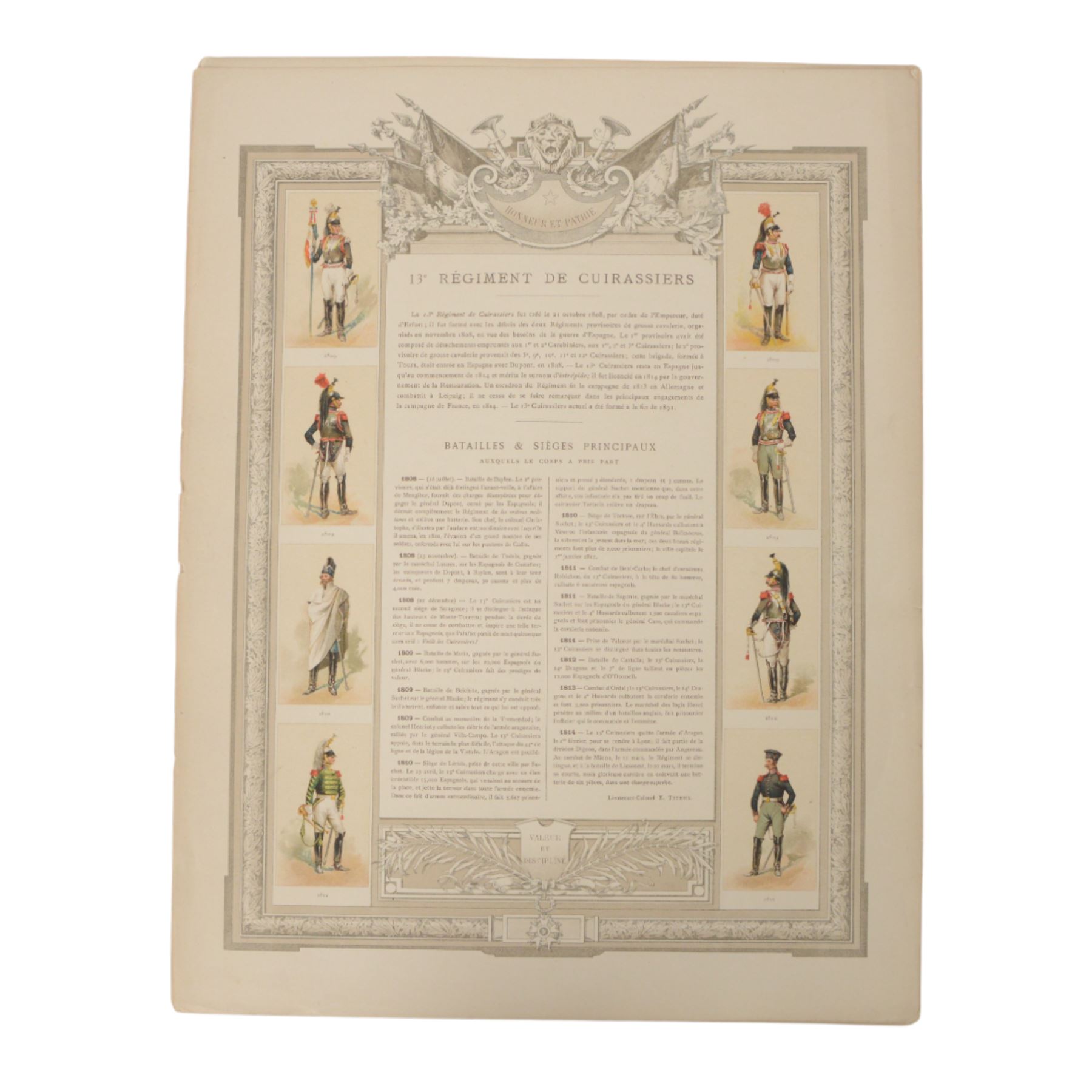 Five coloured French prints of the 4th, 5th, 6th & 13th Cuirassiers through history and the history of the 2nd Regt.de Dragons, H49cm