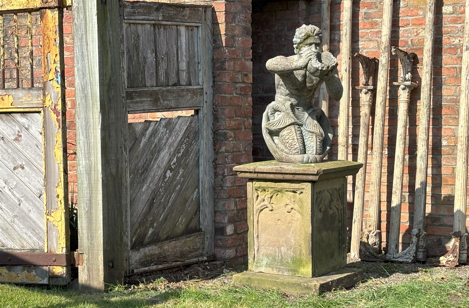 Reconstituted stone garden statue water fountain modelled as Triton, mid 20th century, in characteristic pose. H85cm - COLLECTION BY APPOINTMENT FROM: The White House, Thirsk Road, Easingwold, York, YO61 3NF - CALL 01723 507111 TO ARRANGE