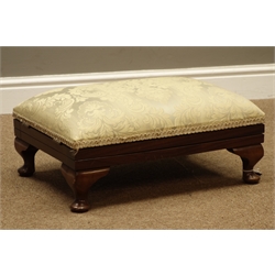  20th century mahogany double hinged adjustable gout stool, upholstered in damask fabric, W52cm  