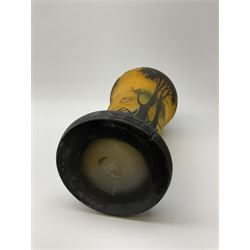 Reproduction Daum Nancy art nouveau style overlay and cut glass vase  decorated with woodland and a lake scene on a yellow ground, H35cm. 