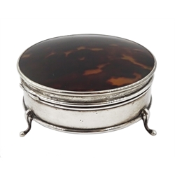 Silver circular jewellery box, with tortoise shell lid and silk interior by W G Sothers Ltd, Birmingham 1926