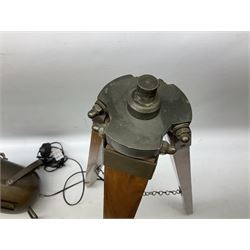 Reproduction metal spot light/lamp upon a wooden three leg tripod base, H102cm