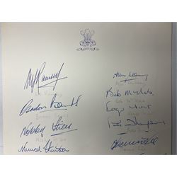 Hendon Hall Hotel letter heading signed by nineteen players and staff of the England football team including Alf Ramsey, Gordon Banks, Nobby Stiles, Jack Charlton, Alan Ball, Geoff Hurst, Martin Peters, Roger Hunt, Bobby Charlton, Norman Hunter, Francis Lee, Alan Mullery, Bob McNab etc probably before the 15th January1969 game against Romania as also signed by Paul Reaney