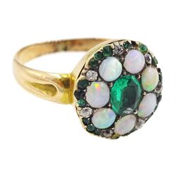 19th century 14ct gold emerald, opal and old cut diamond cluster ring, the principal oval cut emerald, with opal, diamond and emerald surround