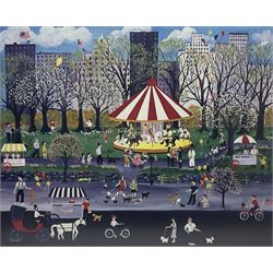 Jessica Wasilewski (American contemporary): 'Pugs in the Park', limited edition colour lithograph signed and numbered 286/400 pub. 2007, 51cm x 63cm