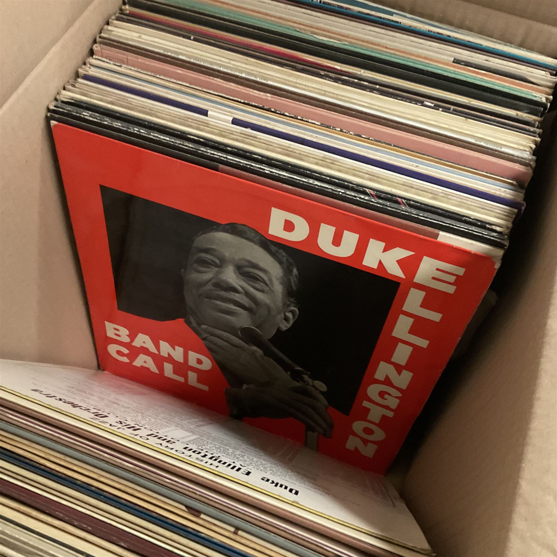 Collection of vinyl LP records in four boxes, mainly Jazz and Classical including Piano Rags by Scott Joplin, Sarah Vaughn, Duke Ellington and His Orchestra and Louis Armstrong, etc
