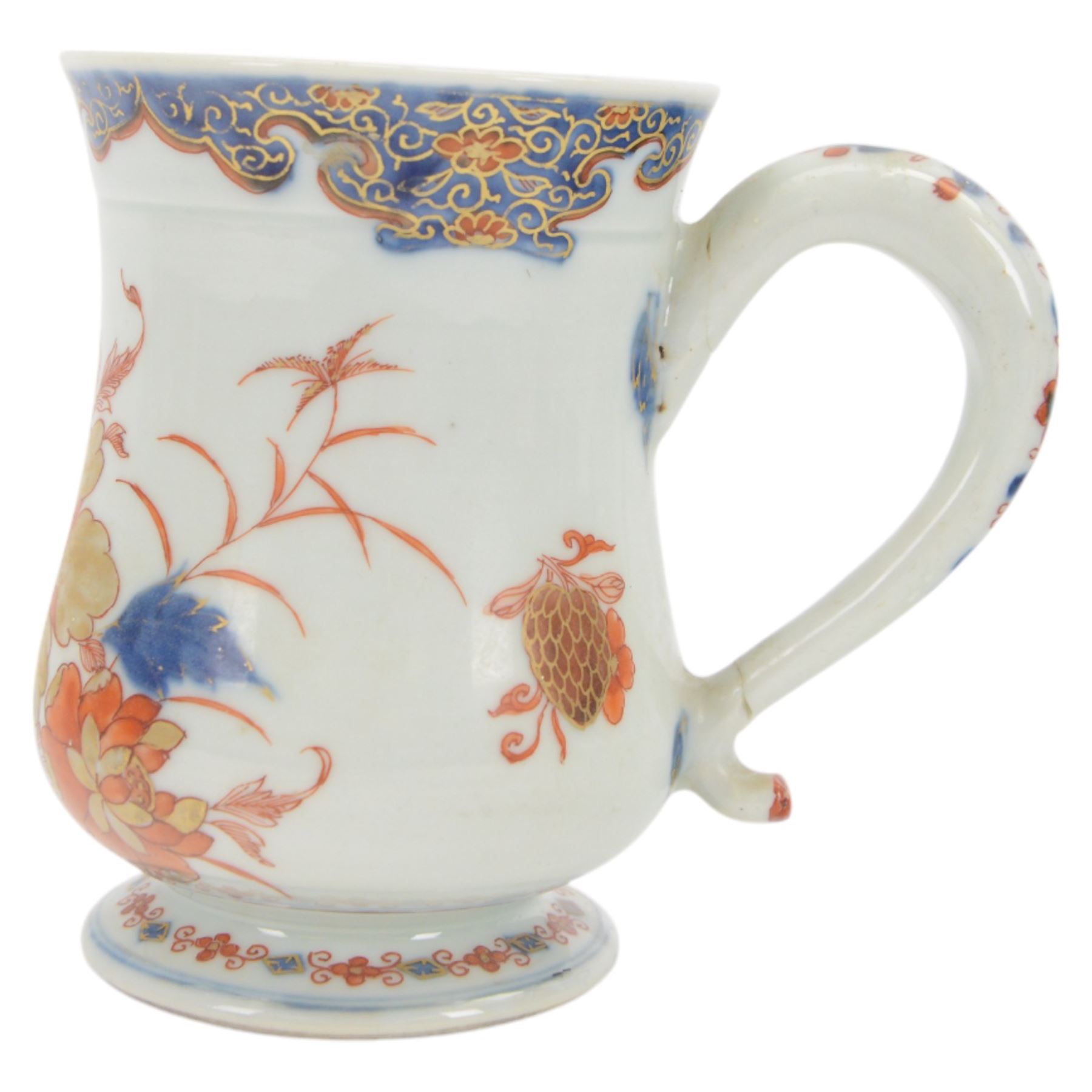 Pair of 18th century Chinese export tankards, each of bellied form with curved handle and circular foot, decorated in the Imari palette with peonies, chrysanthemums and bamboo, H12.5cm