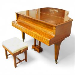 Julius Bluthner-light mahogany overstrung Baby Grand Piano serial No 118183 (1934), with a grand roller action, 88 ivory and ebony keys AO-C7, raised on three square tapered legs with brass castors, adjustable music desk and Lyre with sustain and una-corda pedals, recently (2007) thoroughly restored, case re-finished and polished, action completely overhauled and adjusted with good repetition, frame totally re-strung including copper wound bass strings, new tuning pins, hammer heads, dampers and traditional blue Bluthner string felt, in very good playing condition. With a matching adjustable piano stool fitted with a leather cover. Tuned to concert pitch, A=440.  Complete with key fall lock and key and three castor cups.
This item has been registered for sale under section 10 of the APHA Ivory Act, Reference X76CPCS8