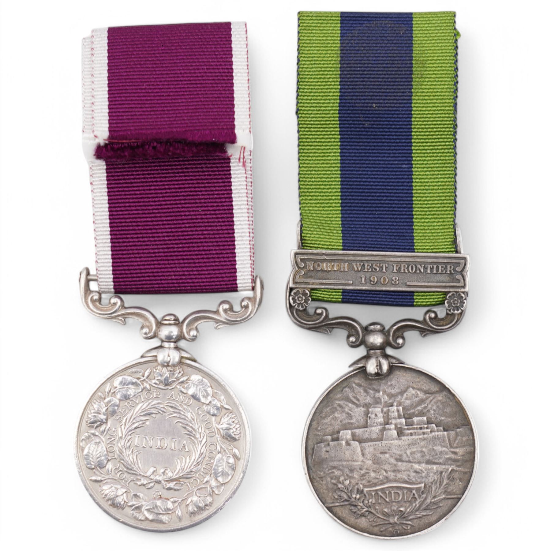 Edward VII India General Service Medal with North West Frontier 1908 clasp to 2662 Sepoy Gobin......57th Rifles and George VI Long Service Medal, 'India' to F-1477 Swpr Imam Din 13 Frontier Force Rifles (2)