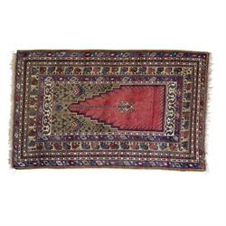Persian Qashqai prayer rug, traditional tribal palette of red, indigo blue ivory and ochre...