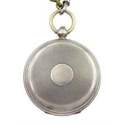 Edwardian silver open face key wound lever 'Ludgate' pocket watch by J.W.Benson, London, No. 109402, white enamel dial with Roman numerals and subsidereary seconds dial, London 1906, on Victorian graduating silver Albert chain, each link hallmarked