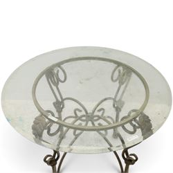Wrought metal and glass table, with silvered foliate and scrolled design