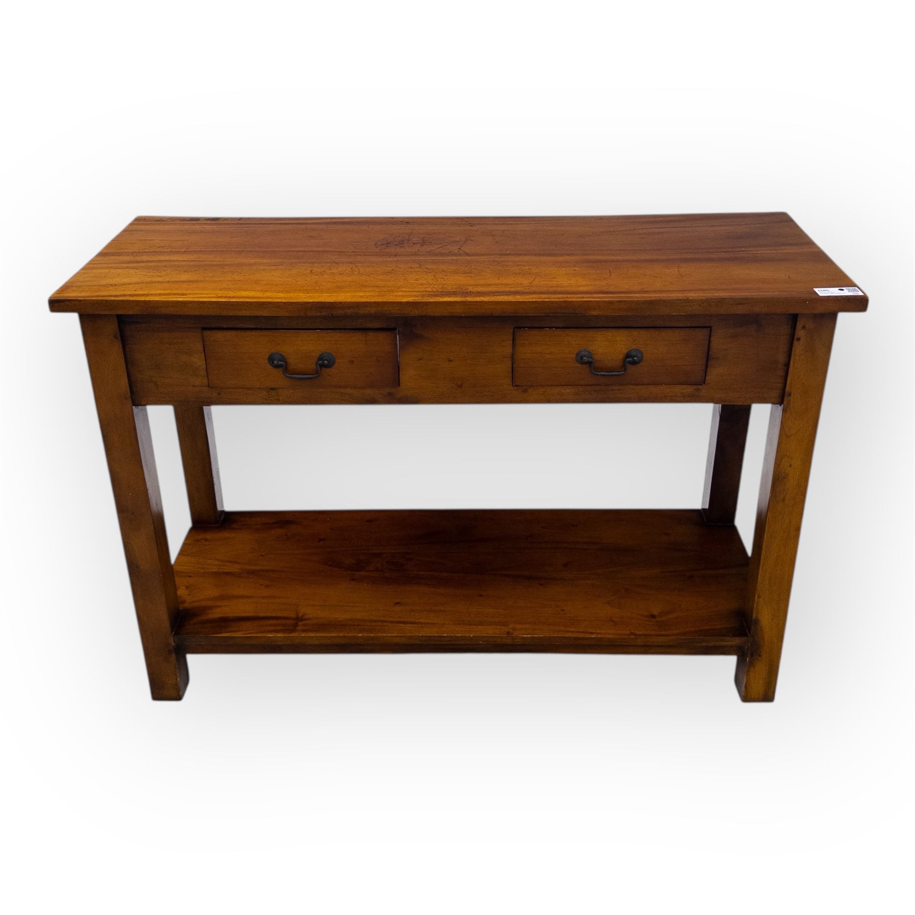 Contemporary console hardwood side table, with rectangular top and two drawers fitted with brass handles, on square legs joined by full-length lower shelf