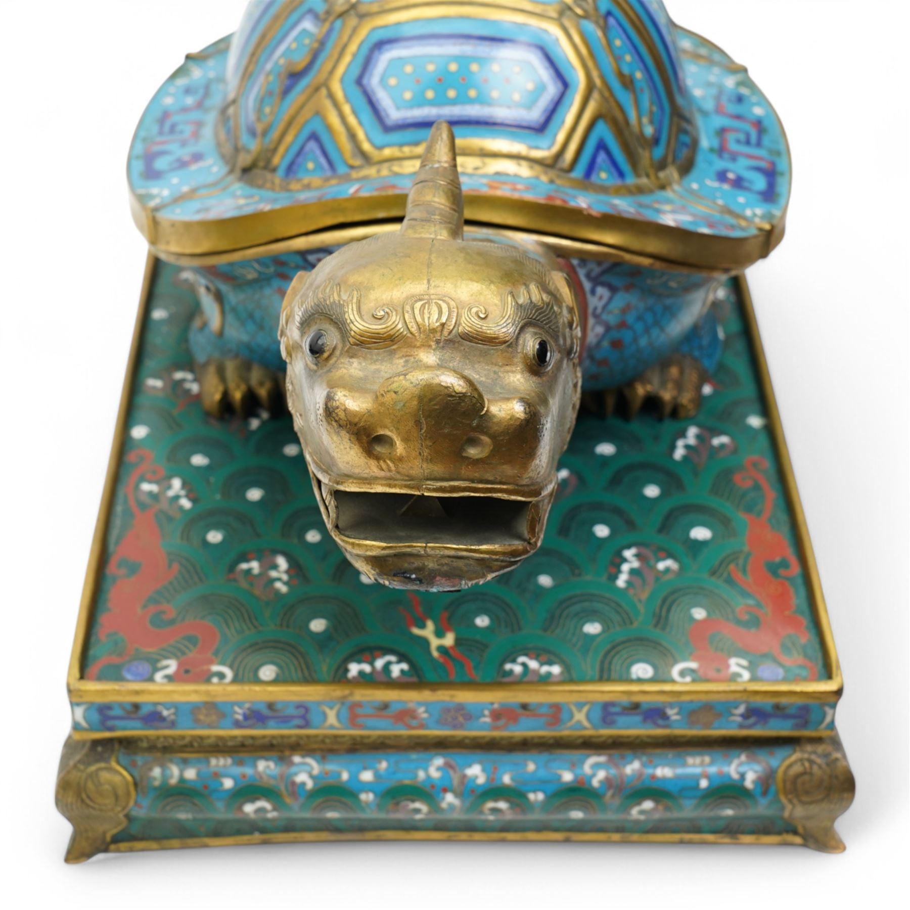 Pair of Chinese 20th century cloisonne dragon turtles with lidded shells, on rectangular bases 45cm x 27cm x 28cm