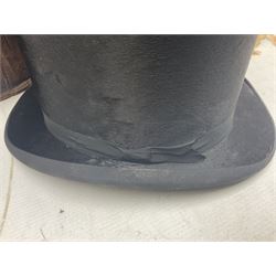 Early 20th century silk top hat, inscribed Thomas Moore, Hatter and Hosier, Scarborough, in heather lat box, together with a Thomas Townend & Co black bowler hat, in card hat box