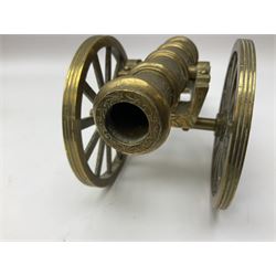 Nautical brass cased signal lamp H24cm; sighting scope;  and ornamental brass model cannon L29cm (3)
