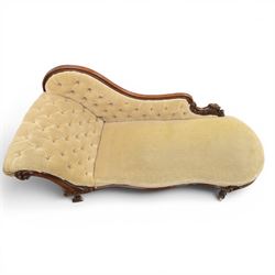 Victorian mahogany chaise lounge, scrolled back rest with deep buttoned back, upholstered in beige velvet, raised on a carved frame raised on cabriole supports terminating in castors 