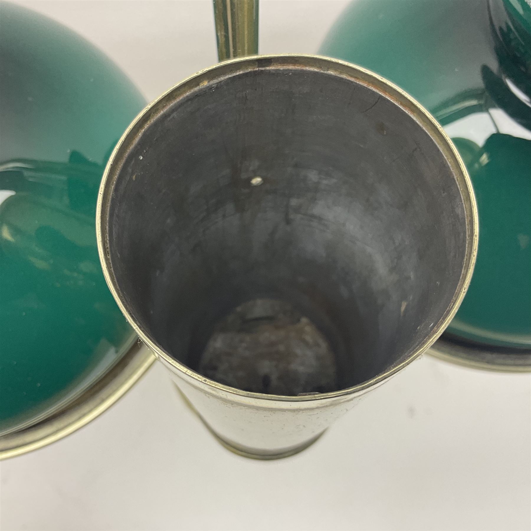 Miller & Sons Piccadilly polished brass double adjustable student's oil lamp, with green glass shades, H52cm