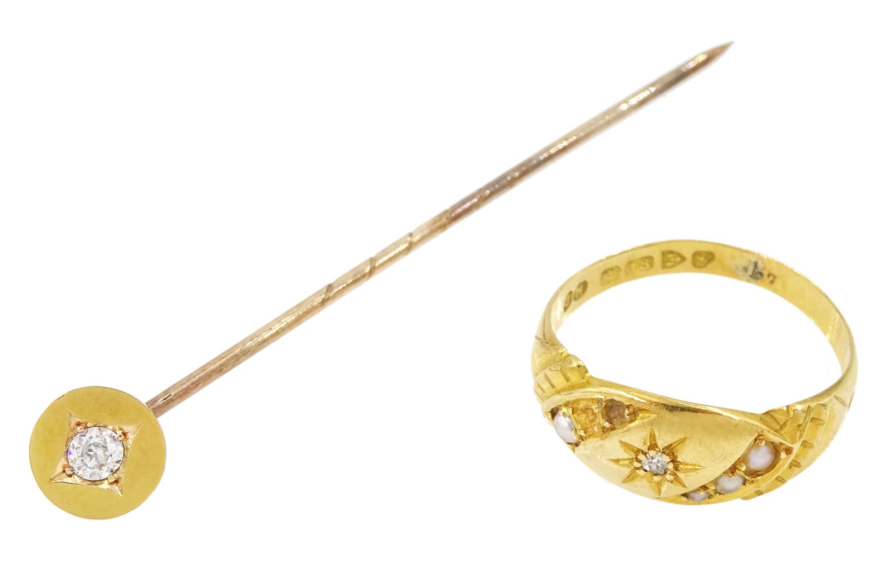 Edwardian 18ct gold diamond and pearl ring, Chester 1907 and a gold single stone old cut diamond stick pin, stamped 15ct, diamond approx 0.10 carat