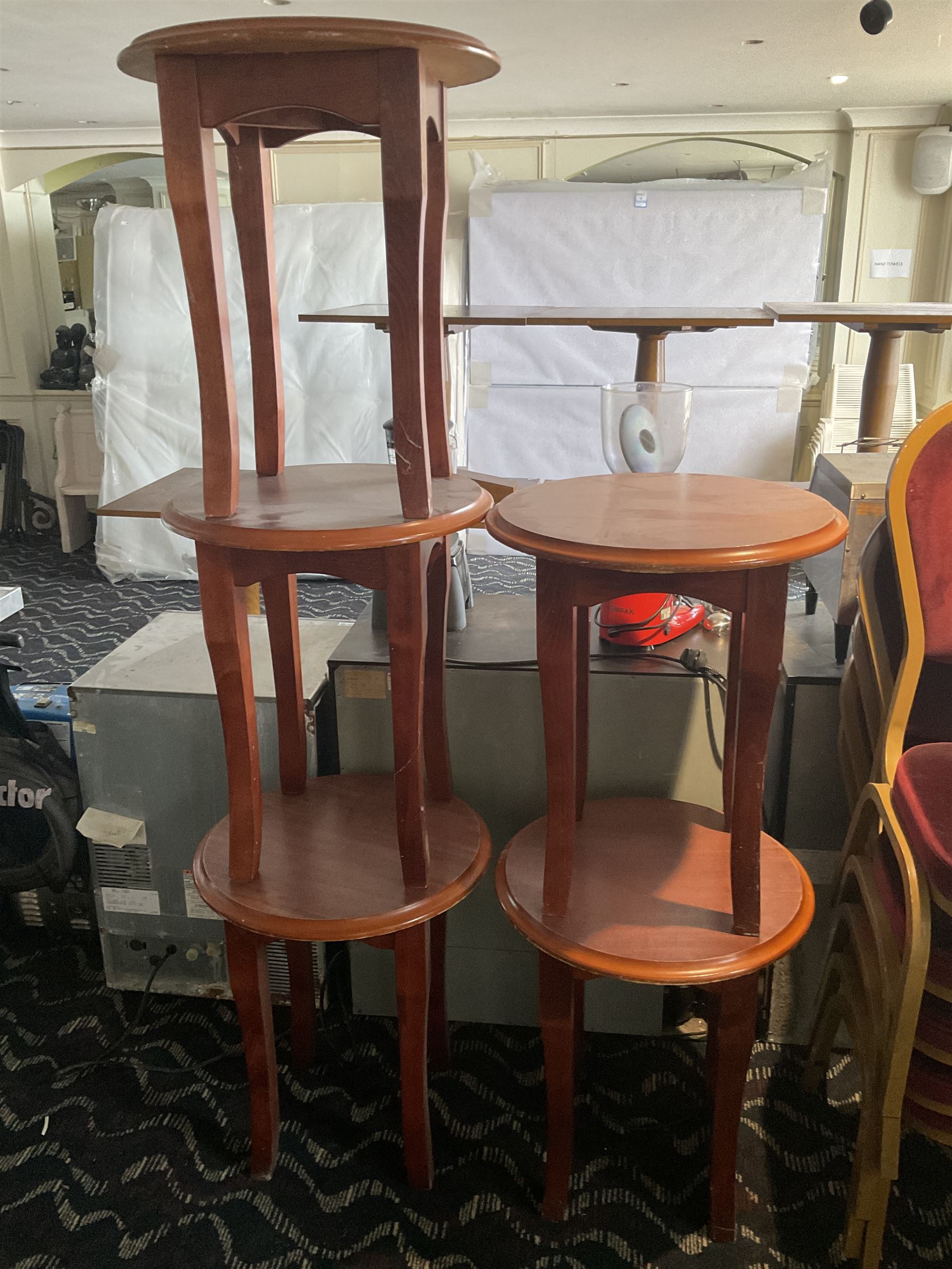 Seven circular bar tables (D55cm), two coffee tables and five conference chairs- LOT SUBJECT TO VAT ON THE HAMMER PRICE - To be collected by appointment from The Ambassador Hotel, 36-38 Esplanade, Scarborough YO11 2AY. ALL GOODS MUST BE REMOVED BY WEDNESDAY 15TH JUNE.