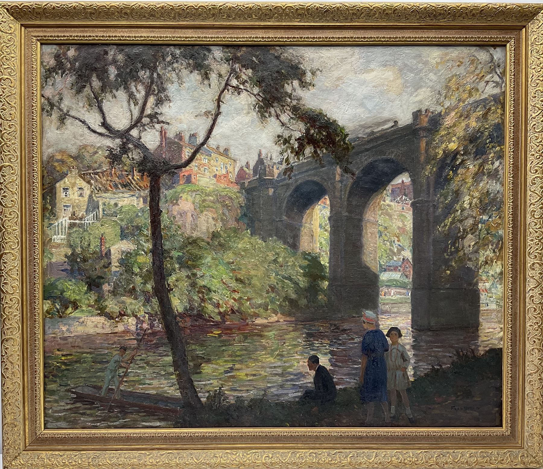 Frederick (Fred) Stead (British 1863-1940): Knaresborough with a Steam Train crossing the Viaduct, oil on canvas signed 75cm x 90cm