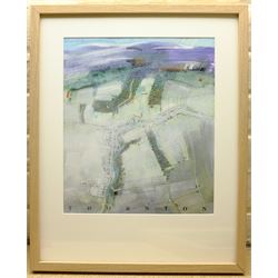 Russell Lumb (British 1946-): 'Thornton', mixed media semi-abstract map titled, signed with monogram and dated '15, artist's address label verso 34cm x 29cm