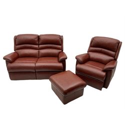 Two seat sofa (W158cm), upholstered in brown leather, with matching armchair (W93cm) and footstool 