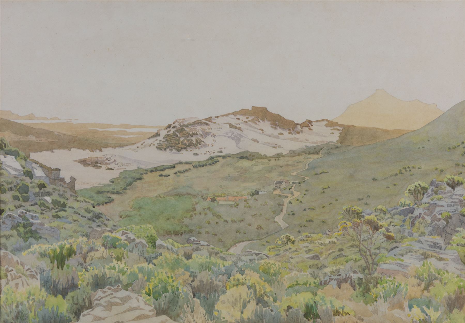 English School (20th Century): 'View Over the Golf Course Between Kalk Bay (Cape Peninsula) & the Atlantic Ocean', watercolour signed with initials MPW, titled on Frost & Reed label and with Royal Academy label verso, 42cm x 60cm  